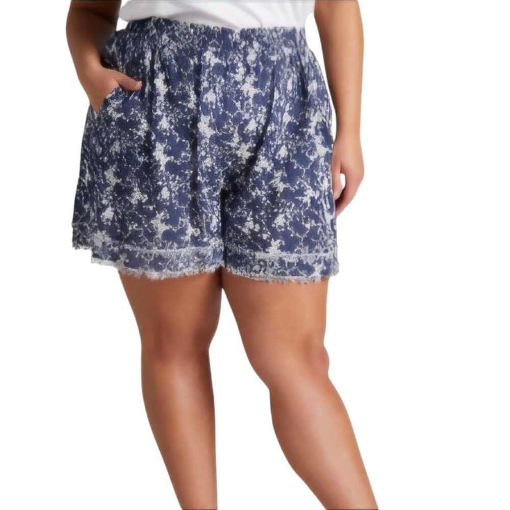 Cotton Bleu 3X Shorts Navy Blue & White Floral Print Elastic Waist Pockets NWT